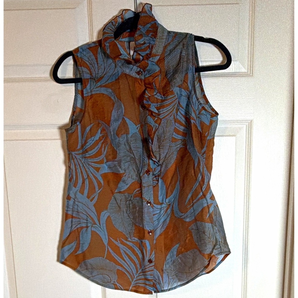 CAbi Women's XS Collared Sleeveless Button Front Floral Blouse Brown Blue 6525